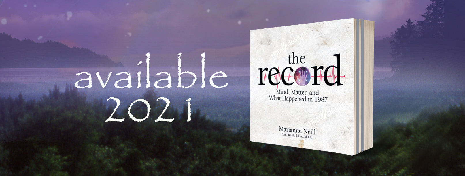 a cream coloured book called "The Record" floats in a green and violet ocean and mountain landscape