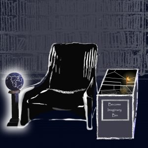 a drawing of an easy chair, in white lines on a black ground, next to a globe and a rectangular bin containing the space of an imaginary library