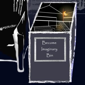 detail showing the Become Imaginary Bin, and the Imaginary Library inside it; white line drawing on a black ground